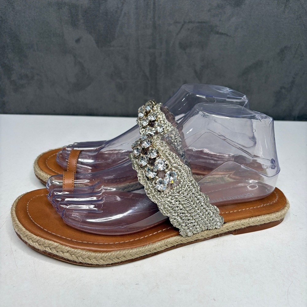 Donald J Pliner Emmie Sandals Women 8.5M Tan Gold Crystal Woven Toe Loop Flat
